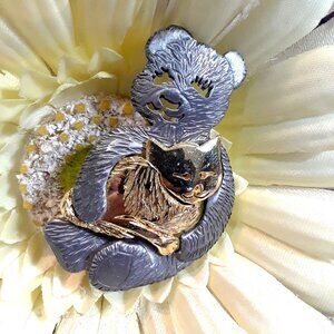 Vintage Ultra Craft Pewter & Gold-Tone Bear And Cat Brooch Pin